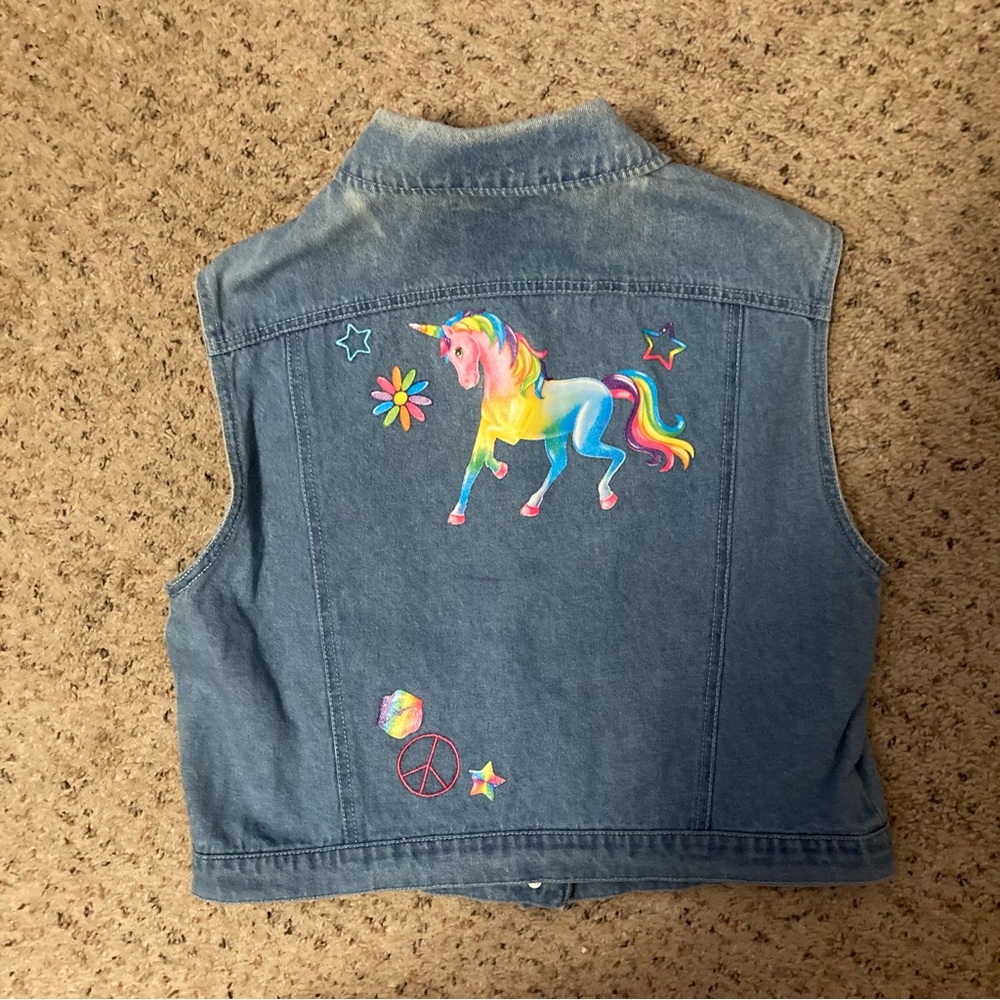 Lisa Frank Doe XOXO denim embellished vest neon unicorn teddy bear rainbow heart - Picture 2 of 6